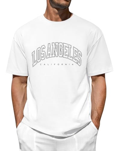 FemiChic Camisetas Manga Corta Hombre Deporte Oversize Basica Algodon T-Shirts con el Alfabeto Creativo de Los Ángeles(Blanco,L)