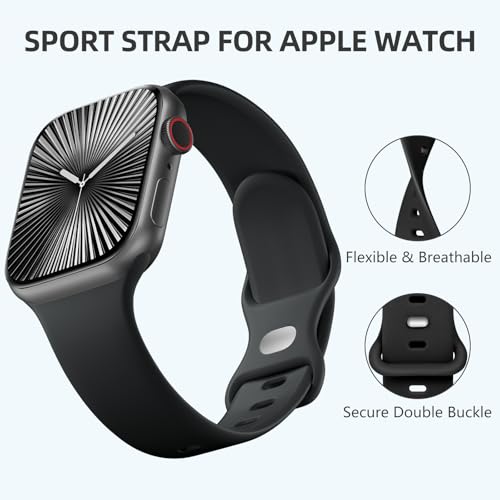 Dirrelo Compatible with Apple Watch Strap 44mm 45mm 46mm 42mm 49mm Women Men, Soft Silicone Sport Band Replacement for iWatch Apple Watch SE 3 2 Series 11 10 9 8 7 6 5 4 3 2 1 Ultra 3 2 Straps, Black