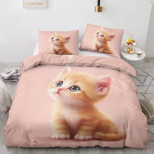 Qfpryzius Parure de Lit 90x190 Enfant pour 1 Personne Chat, Housse de Couette Réversible Animaux Mignons + 1 Taie d'oreiller 65x65, Ensemble de Literie en...