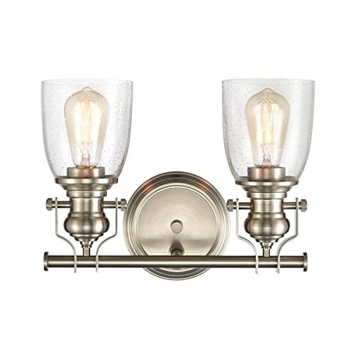 Image of Elk Home Chadwick 2-Light Industrial Vanity Wall Sconce - Satin Nickel, Seeded Glass Shades, 14 Inch Wide