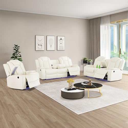 SIENWIEY Power Leather Recliner Set for Living Room, Electric Reclining Sofa Set with LED Lights, Cup Holder,White Leather Sofa Set with 3 Seats Sofa,Double Recliner Loveseat,Chair
