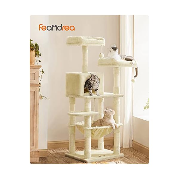 Feandrea Kratzbaum, 143 cm hoch, Katzenbaum mit 11 Kratzsäulen, 2 Plattformen, 1 Katzenhöhle, 1 Hängematte, 2 Plüschbällen, Plüsch, mehrstöckiges Design, beige PCT15BE – Bild 3