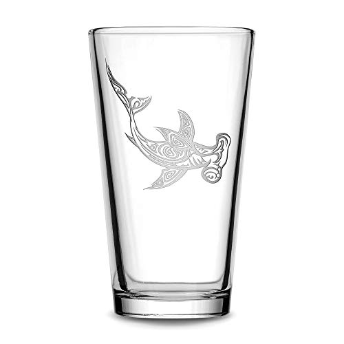 Integrity Bottles Tribal Hammerhead Shark, Premium Pint Glass, Handmade, Handblown, Hand Etched Gifts, Sand Carved, 16oz
