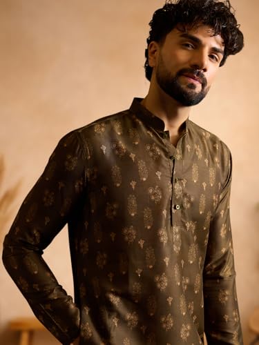 Image of Amazon Brand - Tavasya Men Silk Blend Ethnic Motif Printed Embellished Long Kurta | Regular Fit | Ethnic Wear | Full Sleeve