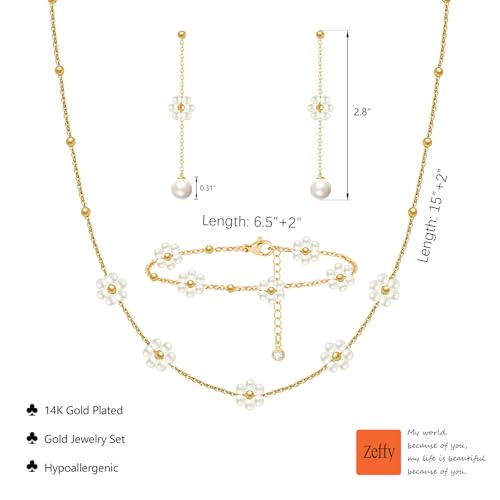 Image of Zeffy Gold Pearl Necklace for Women, Dainty 14K Gold /Silve Plated Layered Pearl Choker Pearl Earrings Pearl Bracelets Wedding Trendy Gold Jewelry Set for Women Gifts