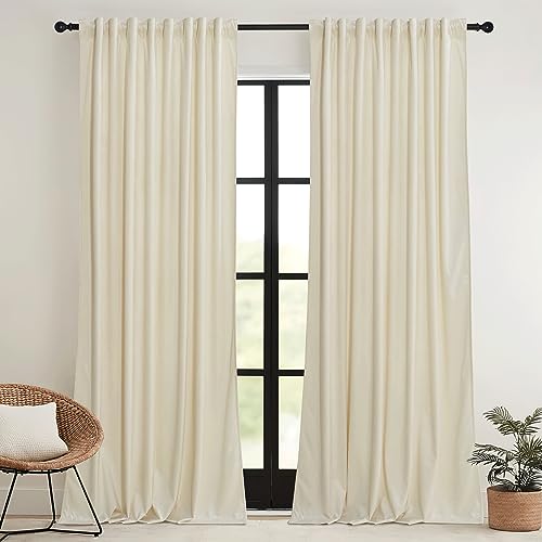Image of RYB HOME Beige Velvet Curtains 96 inches - Rod Pocket & Back Tab Boho Window Panels Privacy Theraml Insulted Drapes for Bedroom Bathroom, W52 x L96, 2 Panels Set | Room Darkening, Thermal Insulated, Pleat Tape on Top, Heavy Duty Plush, Dining Room Sliding Patio Door, W52 x L96, 2 Panels