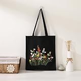 Kaseremy Stickerei Set Anfänger Tasche, Blumenmuster Canvas Tasche Stickerei Set Erwachsene Anfänger, Stickset Leinen Tragetaschen mit Anleitung Stickrahmen bunten Fäden und Nadeln (schwarz)