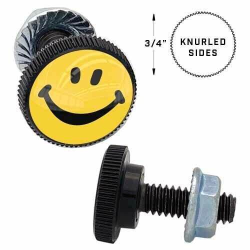 2 SM Black Knurled - License Plate Frame Fastener Tag Bolts - Smile FACE YB Style-9856-3130