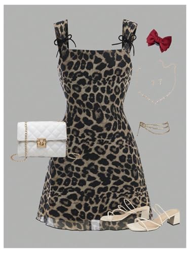 SOLY HUX Girl's Leopard Dress Square Neck Sleeveless Mesh Party Fit and Flared Mini Dresses4