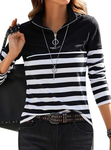 LilyCoco Womens Striped Long Sleeve Shirt Color Block Zipper Polo T Shirts3