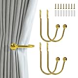 Gripebao 4 Pack Curtain Drapery Holdbacks, Curtain Pull Backs Wall Mount, Metal Tieback Hooks, Window Treatment Holdbacks, Decorative Curtain Holders for Wall, Curtain Tie Backs Side Hooks, Gold