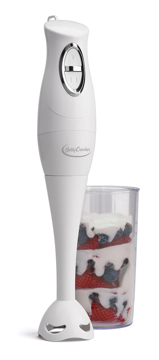 Hand Blender with Beaker by Betty Crocker – 2-Speed, 600.0 milliliters, Stainless Steel, White, Model BC-1303CK