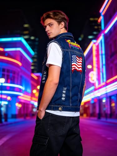 Image of Idopy Men`s American Flag Retro Ripped Denim Jeans Vest Sleeveless Jacket