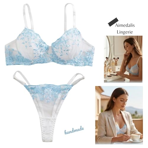 Image of Sexy Floral Embroidered Flower Mesh Underwire Push Up Lingerie Set