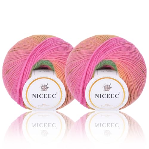 Image of NICEEC 2 Skeins 100% Rainbow Wool Yarn Soft Gradient, Self-Striping, Colorful Single Ply Yarn for Crochet & Knitting (Total 196ydsx2 /1.76ozx2) - 29#