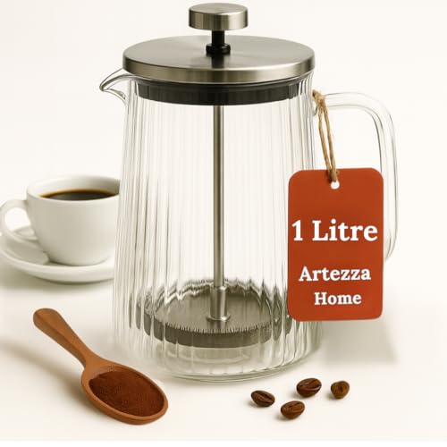 Artezza Home French Press Coffee Maker – Double-Wall Borosilicate Glass | Ribbed Manual Brewer with Stainless Steel Mesh Filter for Hot & Cold Coffee or Tea (34oz /1000ml)