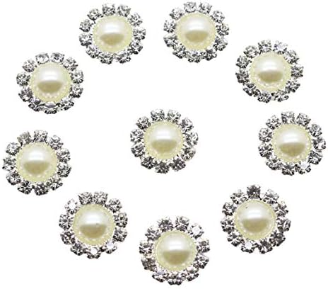 XINXI Wholesale 50 PCS Round-Shaped Crystal Ivory Faux Pearl Rhinestone Buttons Embellishment Button Bulk,10MM (Flatback)