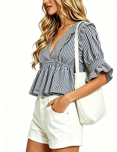 Image of Bozanly Womens Summer V Neck Short Sleeve Crop Tops Striped Shirts
