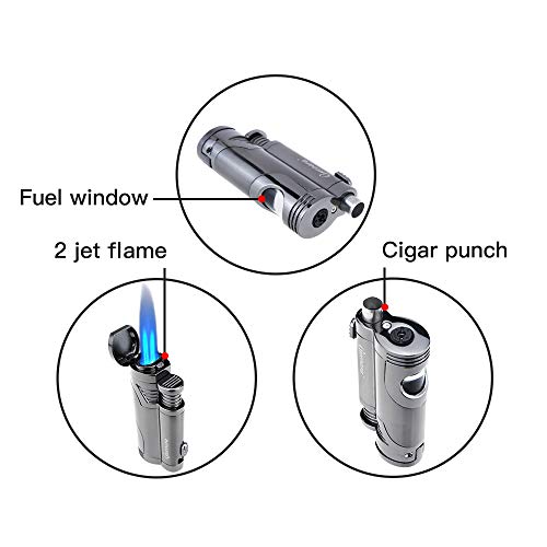Cigar Torch Butane Lighters Fuel Refillable Lighter with Punch Cutter and Set Double Jet Strong Flame Windproof - Image 7