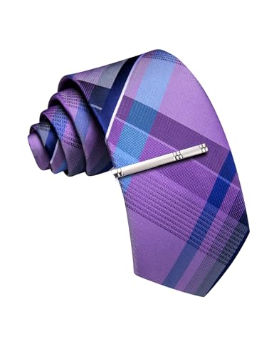 Image of Barry.Wang Plaid Ties Mens Silk Necktie and Tie Clip Checkered Tie for Wedding Party Business Formal