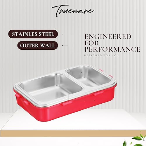 Image of Trueware Pluto Lunch Box 2 Compartment Leak-Proof BPA Free Stainless Steel, Lunch Box for Kids, Lunch Box for School & Office with a Spoon, 580 ML (LBK-Pluto-RED BAZ)