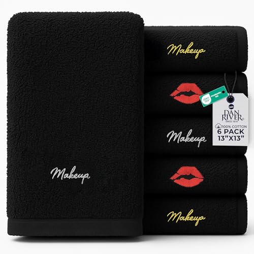 Image of DAN River Black Makeup Towels - Pack of 6 (13x13 in) - Ultra Soft Cotton Face Towels with Embroidery - Reusable, Quick-Dry & Machine Washable Makeup Remover Cloths for Bathroom, Spa & Salon