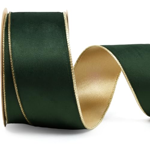 LaRibbons Velvet Wired Ribbon Green and Gold 10 Yards 2.5 Inch Wi...