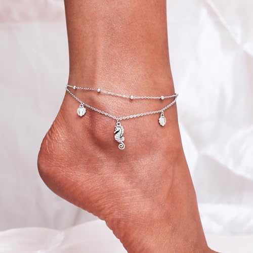 Image of CHIC & ARTSY 925 Sterling Silver Ankle Bracelets for Women, Adjustable Layered Foot Chains with Nature & Symbol Charms, Lightweight Comfort Fit Boho Beach Everyday Jewelry