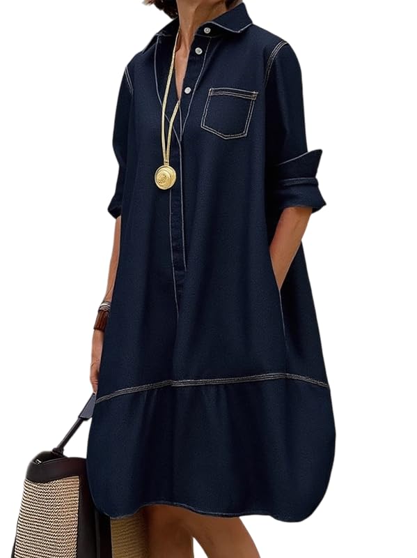 UOOZEE Women's Long Sleeve Button Up Shirt Dresses Casual Loose Fit Spring Midi Dress with Pockets