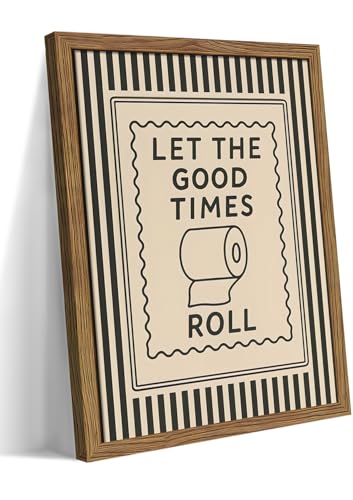 Framed Let The Good Times Roll Bathroom Print Vintage Funny Toilet Quote Canvas Wall Art Stripes Bathroom Picture Poster Downstairs Toilet Painting Wall Decor 8x10 inch