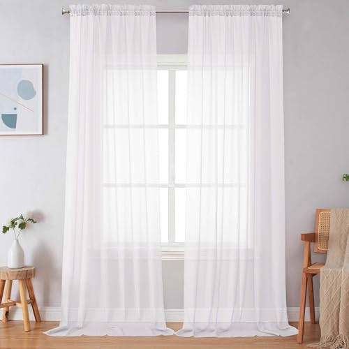 Image of Simplebrand Sheer White Curtains 120 Inches Long, Extra Long Rod Pocket Solid Color Window Sheer Curtain Panels, Elegant Curtains & Drapes for Living Room, Bedroom 2 Panels (White, 59 inch W x 120 inch L)