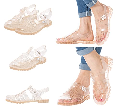Image of Yehopere Women's Jelly Sandals T-Strap Slingback Bling Beach 80s 90s Retro Flat Shoes