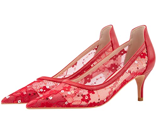 Hee grand Women Mid Heels Pointed Toe Pump Small Heels Office Shoes for Work Sexy Mesh Lace Wedding Party Dress Shoes