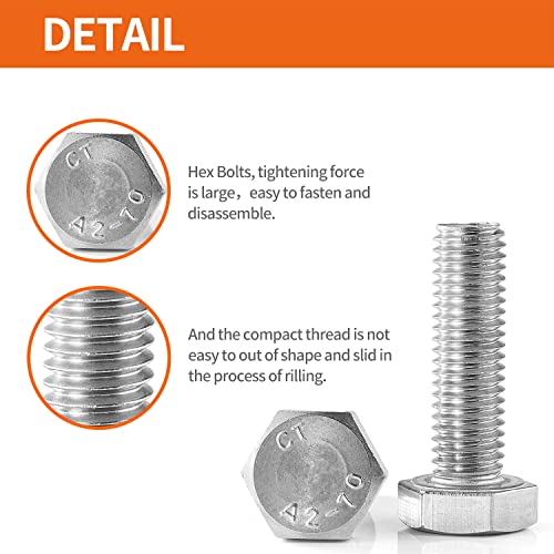 Image of M10-1.5 x 80mm Heavy Duty Hexagon Bolts Hex Head Screws, 304 Stainless Steel, Metric Machine Fully Thread, Bright Finish, Quantity 8PCS