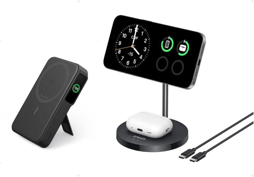 Anker MagGo Power Bank 10,000mAh MagSafe Charger Stand Compatible, MagGo 2-in-1 Charging Station