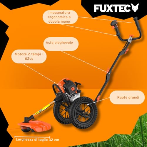 Decespugliatore con filo a scoppio FUXTEC FX-FSR162 - ruote pneumatiche grandi da 62 cc e potenza di 3,5 CV - tagliabordi a 2 tempi, Alimentato a benzina - 6