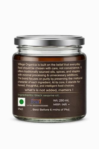 Image of Village-Organica Cold-Pressed Black Sesame Oil 250ml Glass Bottle | 100% Pure & Natural | Daily Cooking, Skin & Hair Care | Antioxidant & Nutrient-Rich Wellness Oil