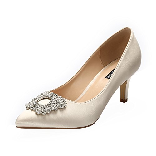 ERIJUNOR E1604 Women Pumps Low Heel Rhinestone Brooch Satin Evening Prom Wedding Bridal Shoes...