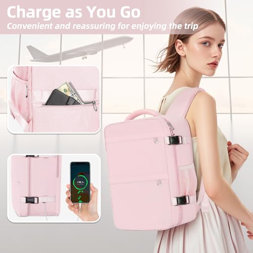 Cmezevi Reiserucksack 20L 40x20x25 cm, Flugzeug Handgepäck Kompatibel Ryanair/EasyJet, 14-Zoll Laptop Rucksack, Leichter Kabinenrucksack mit Trolley-Sleeve, für Business, Schule, Reisen - Rosa