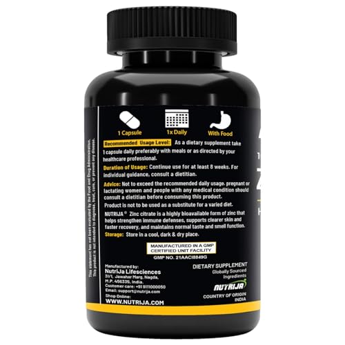 Image of NutriJa Zinc Citrate 56mg (17mg Elemental Zinc) with Vitamin C 40mg | Immune Support, Skin & Hair Health | 120 Veg Capsules