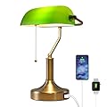 Liylan Banker Desk Lamp Green Glass, Antique Desk Lamps with Brass Base, Traditional Library Table Lamp with USB A and Type C Charging Port for Office, Study Room, Pull Chain Switch
