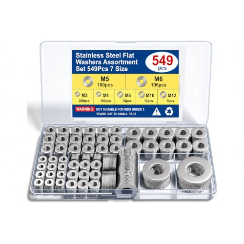 549PCS Stainless Steel Flat Washer Assortment Kit, 18-8 (304) A2 Metric Washers M3-M12, Flat Washers for Screws, Bolts & Nuts, Corrosion Resistant Washer Set with Storage Case for DIY & Automotive
