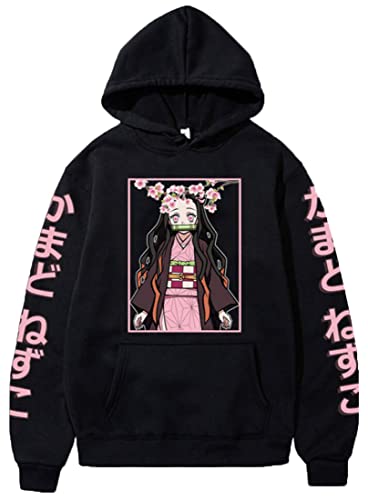 OLIPHEE Unisexe Anime Demon Slayer Sweat à Capuche Imprimé Nezuko Tanjiro Kamado Sweatshirt Cosplay Costume (1Noir-2,L)