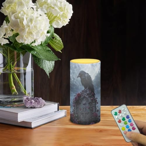 Image of Poceacles Flameless Light Candles Battery Operated Candles with Color Changing Timer Remote Control Tealights for Home Beach Dinner Party Banquet Decor, Crow Rose Cross Grave Print