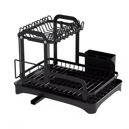 Sbshiouu Escurridor de platos de 2 niveles con diseños de ahorro de espacio para encimera de cocina con bandeja de almacenamiento de goteo y hierro resistente