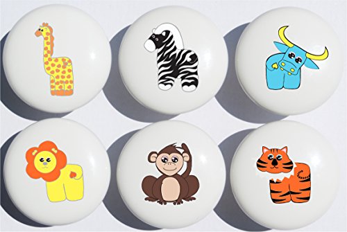 Jungle Safari Drawer Pulls Multicolored Set of 6 / African Wildlife Animal Ceramic Drawer Knobs/Children's Nursery Decor with Zebra, Monkey, Tigers, Lion, Water Buffalo and Giraffe