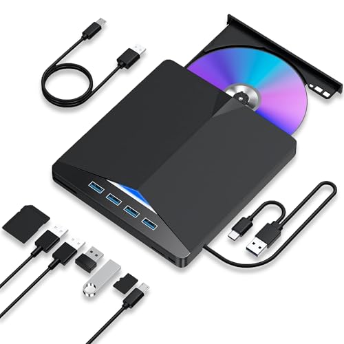 Image of 7 in1 External CD DVD Drive, USB 3.0 Type A & C,Portable CD /DVD RW ROM Burner Rewriter with SD TF & 4 USB Ports,Gaming,Music,Slim Optical DVD Player for Laptop Macbook Pro Air PC iMac Windows