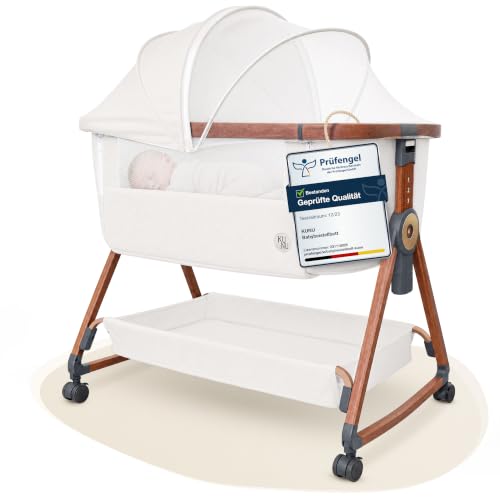KUNU® Babybett - Beistellbett Baby mit Rollen für Boxspringbett - 3 in 1 rollbares Baby Bett Reise Babywiege - Stubenwagen mit Wiegefunktion & höhenverstellbar - Sicheres Reisebett inkl Reisetasche