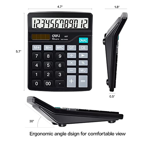 Calculator, Deli Standard Function Desktop Calculators With 12 Digit Large Lcd Display And Sensitive Button, Solar Battery Dual Power Office Calculator, Black #TOP1