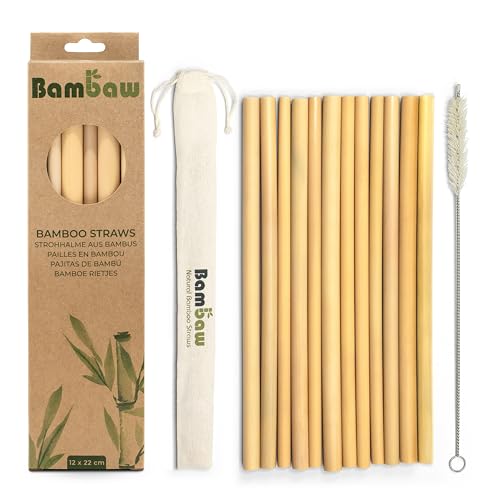 Bambaw 12 Pailles en Bambou de 22 cm, Pailles Écologiques, Biodégradables et Réutilisables, Inclus une Brosse de Nettoyage et une Petite Pochette de...